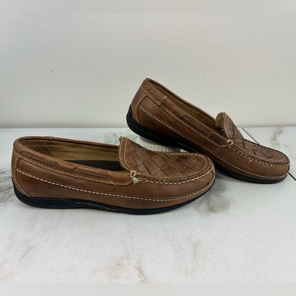 Johnston & Murphy J&M Men\'s Brown Woven Leather Slip On Loafers, Sz 8